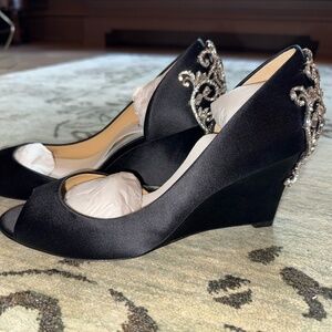 Badgley Mischa Meagan Embellished Peep Toe Wedge in Black Satin